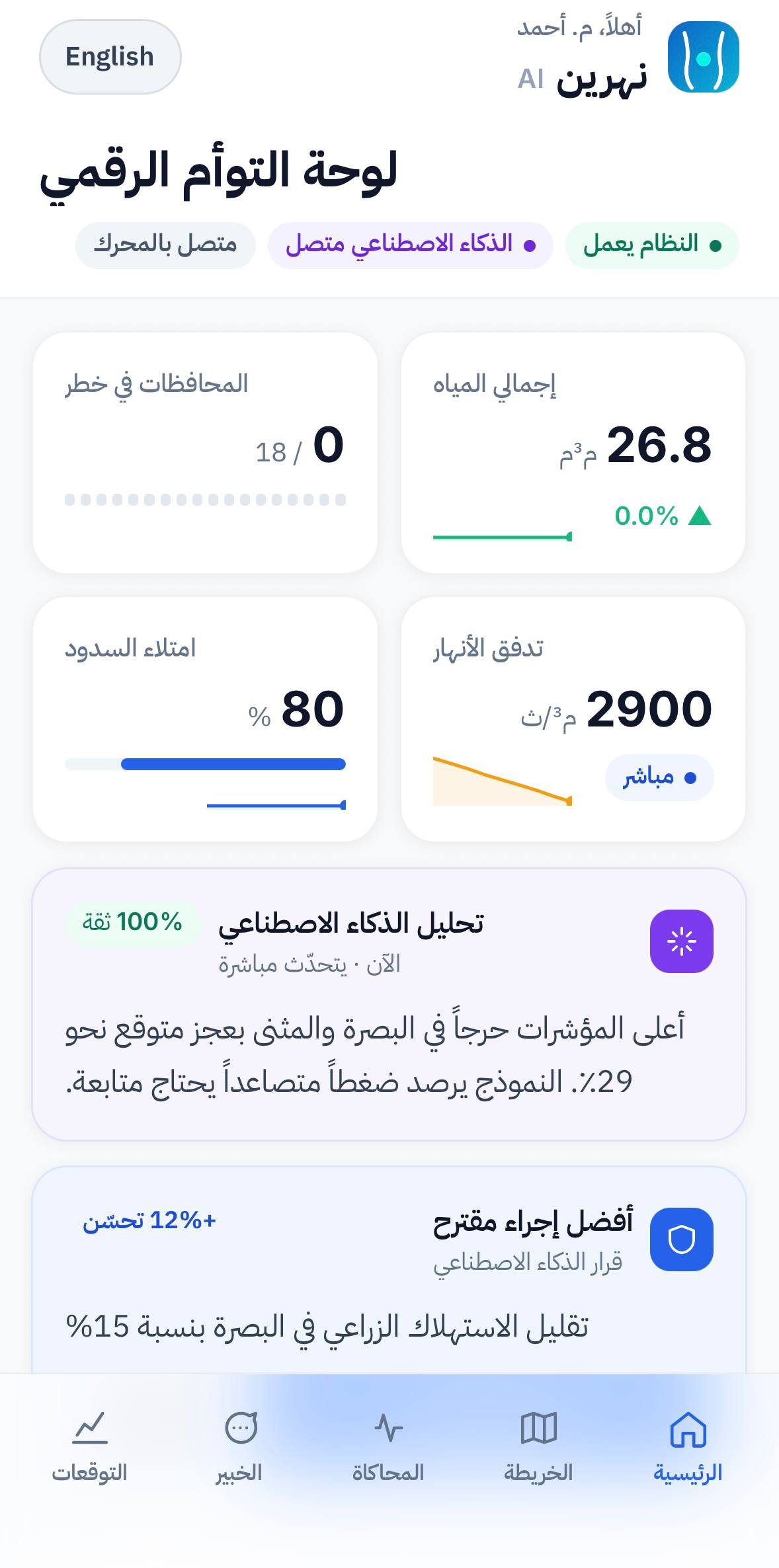 NAHRAIN AI Mobile Digital Twin Dashboard Screen