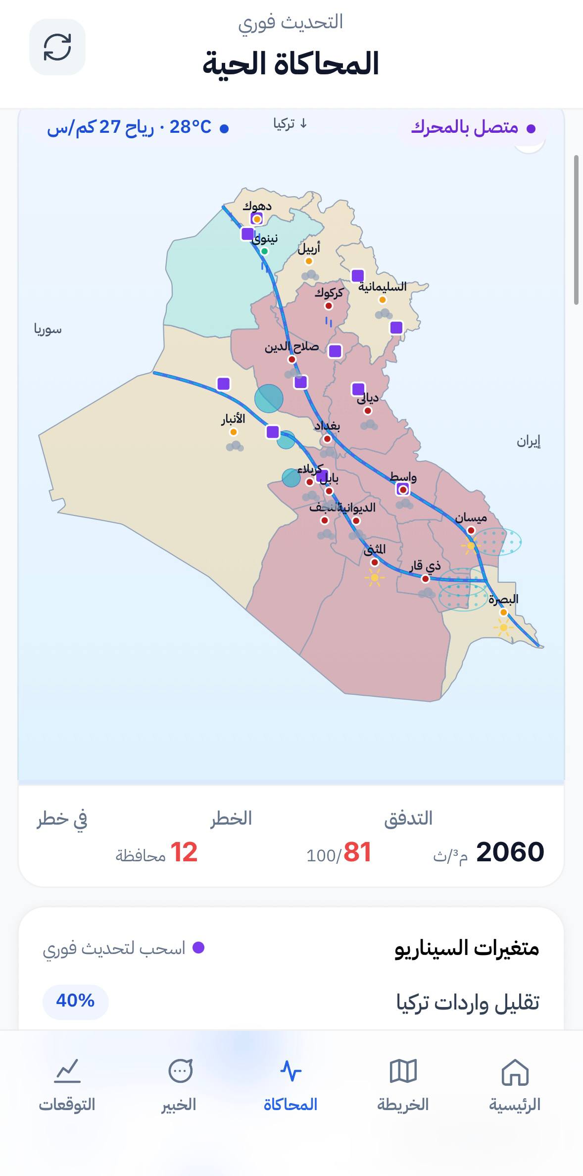 NAHRAIN AI Mobile Live Iraq River Basin Simulation Screen